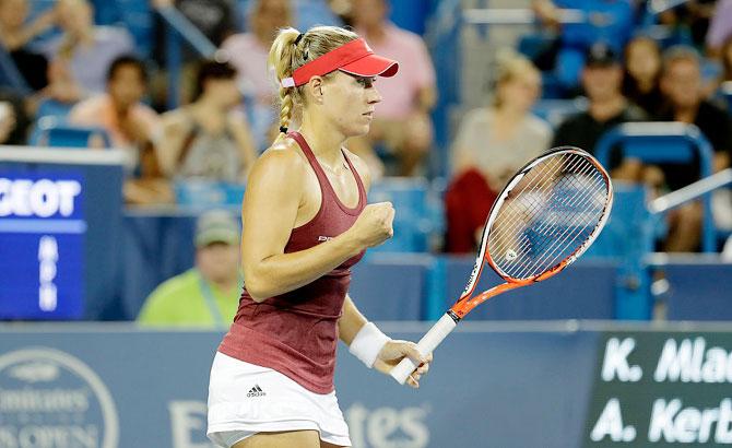 Angelique Kerber celebrates after her 6-0, 7-5 victory over Kristina Mladenovic