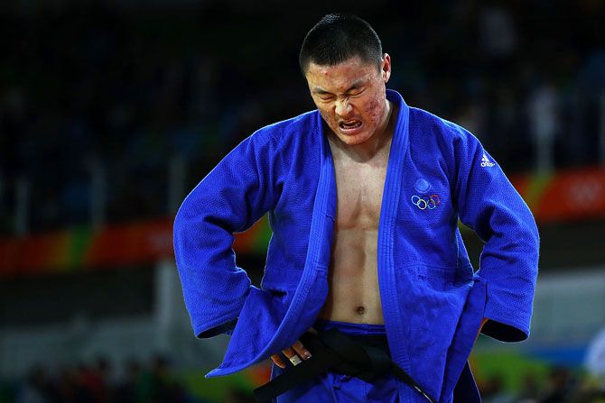 Otgonbaatar Lkhagvasuren of Mongolia looks on during a Men's -90kg Quarterfinal bout at Rio 2016 Olympic Games at Carioca Arena 2 on August 10