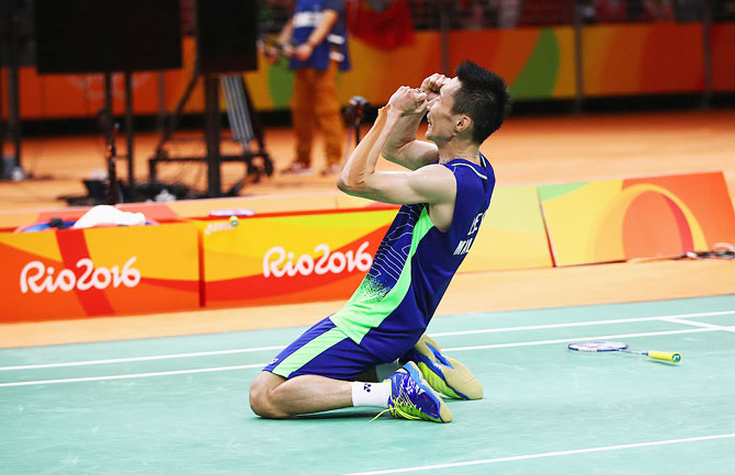 Lee Chong Wei of Malaysia celebrates after defeating Lin Dan of China to win the Men's Singles Badminton gold at Riocentro on Friday