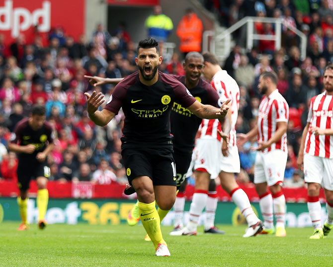 Sergio Aguero of Manchester City celebrates a goal