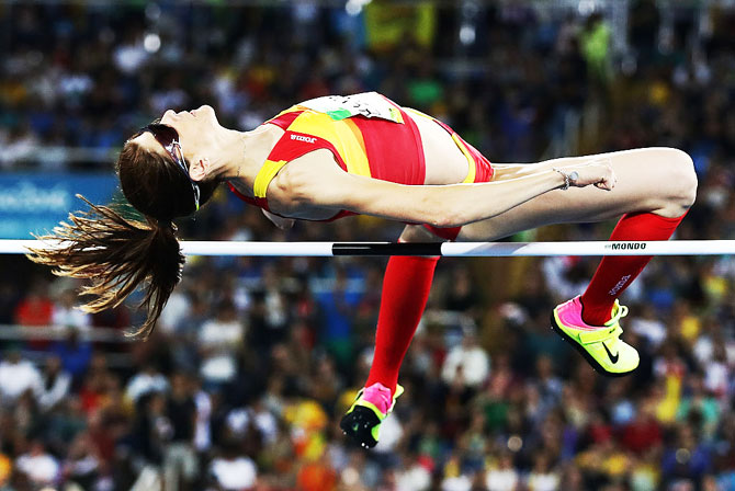 Ruth Beitia of Spain competes during the Women's High Jump final on Saturday