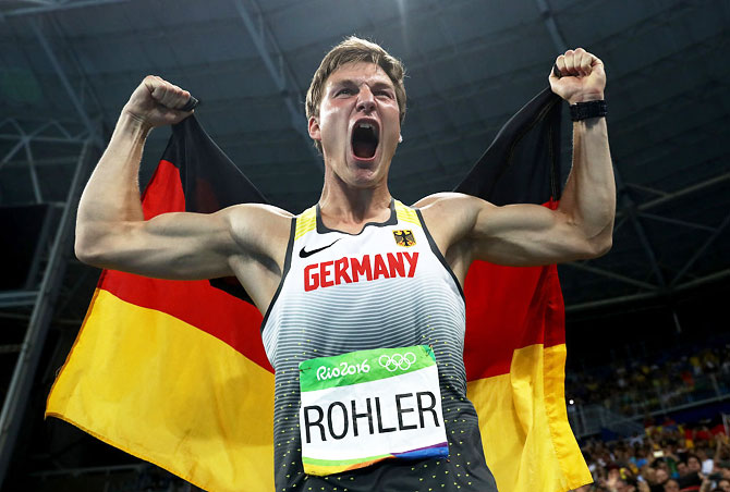 Thomas Rohler of Germany reacts after winning gold in the Men's Javelin Throw on Saturday