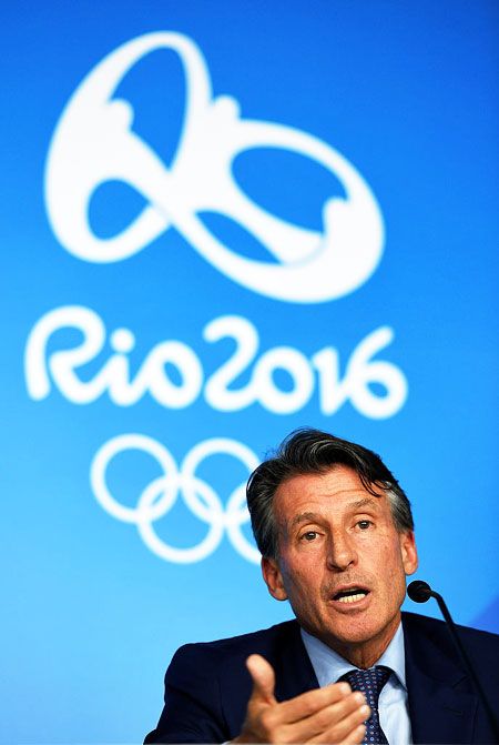 IAAF President Lord Sebastian Coe attends the closing press conference for the athletics programme on Saturday