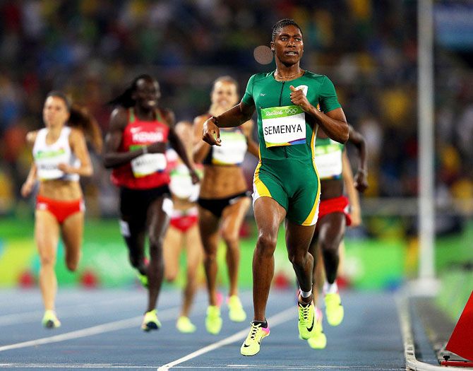 Caster Semenya of South Africa leads the field during the Women's 800 meter final