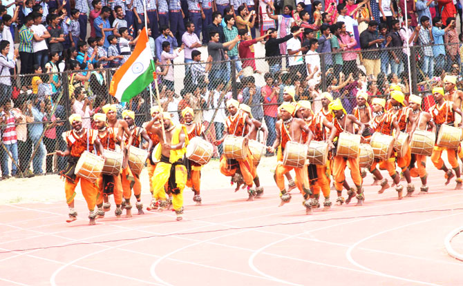Traditional musicians participated in the felicitation ceremony at the Gachibowli stadium, in Hyderabad on Monday