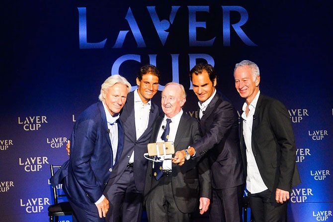 (Left to right) Bjorn Borg, Rafael Nadal, Rod Laver, Roger Federer and John McEnroe pose for a photo during a Laver Cup media announcement St Regis Hotel in New York City on Wednesday