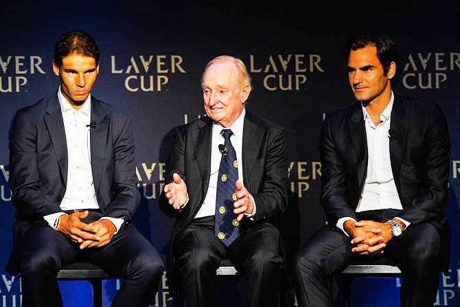Rafael Nadal, Rod Laver and Roger Federer speak during the Laver Cup media announcement