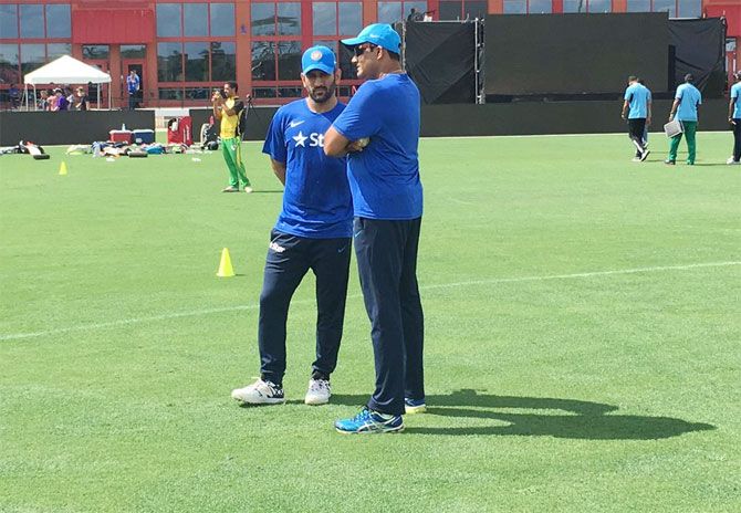 India's coach Anil Kumble with One-day captain MS Dhoni during a training session in Florida on Thursday