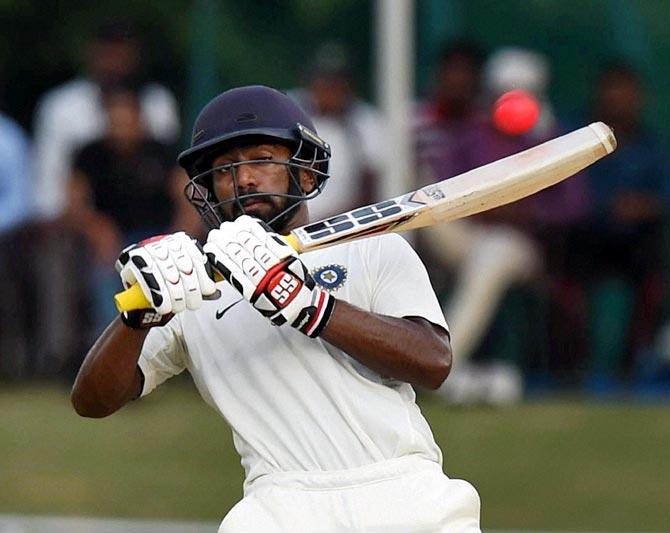 Abhinav Mukund in action during the day-night Duleep Trophy game