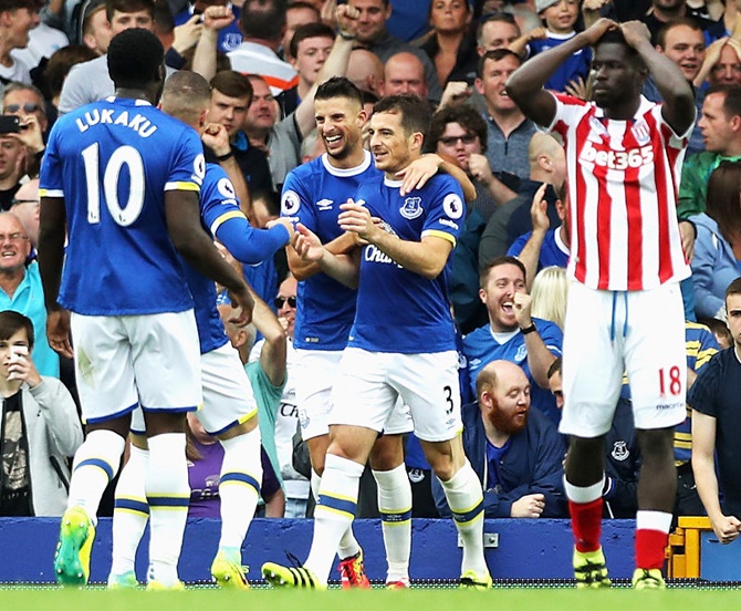 Leighton Baines of Everton celebrates 