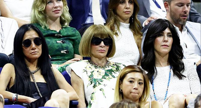 Editor of 'Vogue' magazine Anna Wintour watches the first round match between Novak Djokovic and Jerzy Janowicz