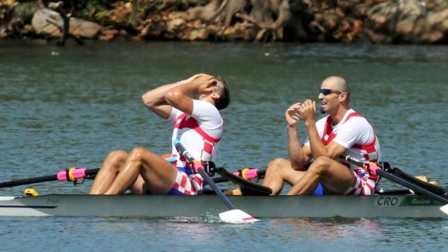 Martin Sinkovic (CRO) of Croatia and Valent Sinkovic (CRO) of Croatia react after winning gold medal during the 2016 Rio Olympics