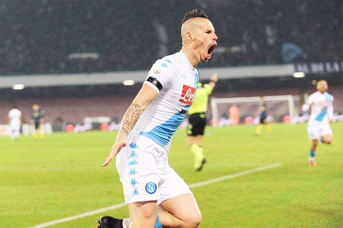 Marek Hamsek celebrates on scoring Napoli's second goal against Inter Milan during their Serie A match on Friday