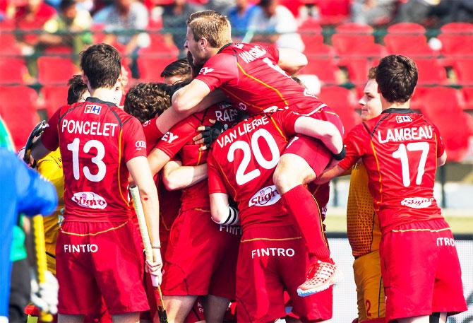 Belgium players celebrate after defeating Germany to enter the Junior Hockey Final in Lucknow on Friday