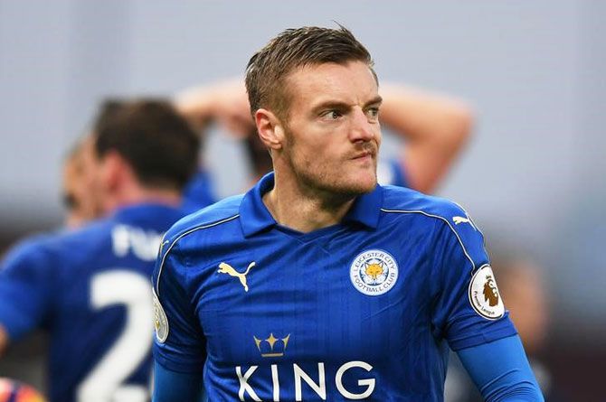 Leicester City's Jamie Vardy walks out after been shown the red card during the match against Stoke City
