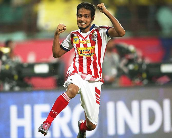 Jewel Raja celebrates on scoring the winning penalty to help Atletico de Kolkata win their second ISL title on Sunday