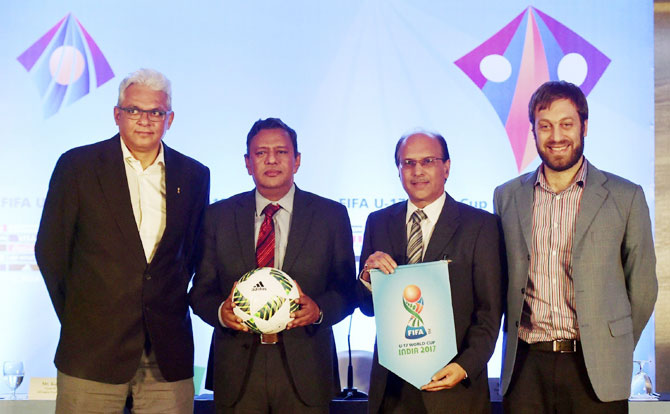FIFA U-17 World Cup tournament director Javier Ceppi (right) along with Project Director, LOC, FIFA U-17 World Cup India 2017 Joy Bhattacharya, General Secretary, All India Football Fedration Kushal Das, General Manager (Marketing, Corp, Comm. and WMS) Bank of Baroda Rakesh Bhatia at a press conference in Mumbai on Monday