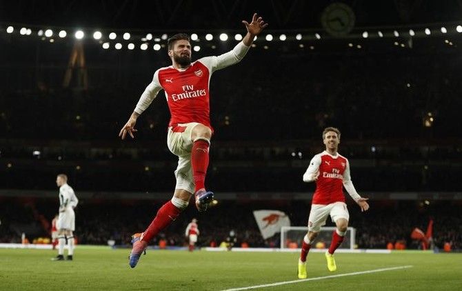 Arsenal's Olivier Giroud celebrates scoring against West Brom on Monday
