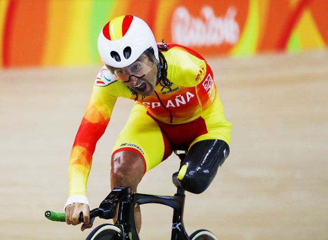Spain's Juan Jose Mendez Fernandez competes in the Men's 3km Pursuit C1 Individual Pursuit Qualifying on Day 2 of the Rio 2016 Paralympics at Rio Olympic Velodrome in Rio de Janeiro, on September 9