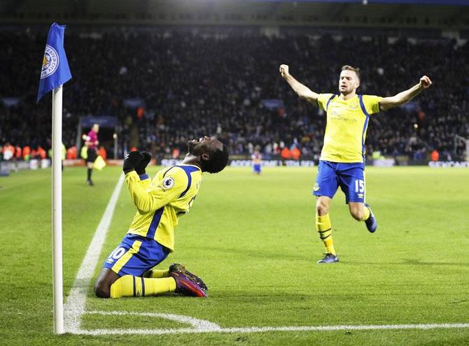 Everton's Romelu Lukaku celebrates scoring their second goal against Leicester City at King Power Stadium