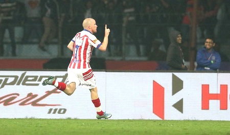 Atletico de Kolkata's Iain Hume celebrates his goal against Mumbai City FC during their ISL first leg semi-finals in Kolkata on Saturday