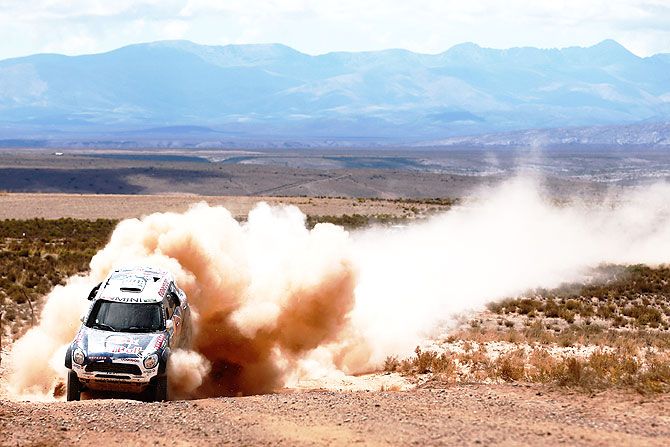 Nasser Al-Attiyah of Qatar and Matthieu Baumel of France in the MINI ALL4 RACING for AXION X-RAID TEAM manoever the terrain from Jujuy in Argentina to Uyuni in Bolivia during stage five of the 2016 Dakar Rally on January 7, 2016 in Villazon, Bolivia