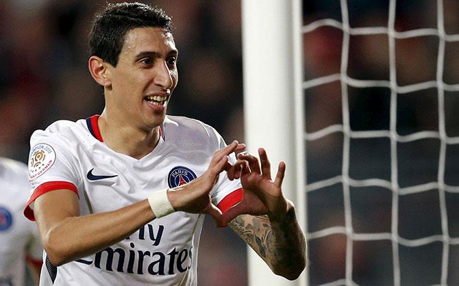 Paris St Germain's Angel Di Maria celebrates after scoring