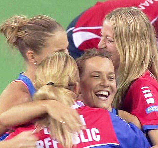 The Czech Republic's Fed Cup team celebrate after their win over Romania