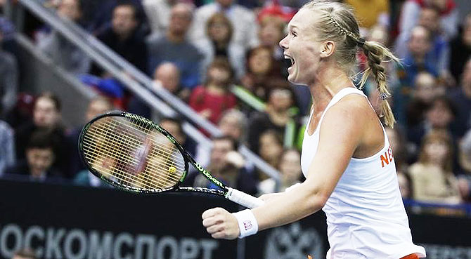 Kiki Bertens of the Netherlands celebrates her victory over Russia's Svetlana Kuznetsova in their Fed Cup World Group match in Moscow on Sunday