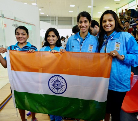 ndian women's squash team members Joshana Chinappa, Dipika Karthik, Sumyana Kuruvilla 