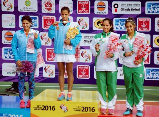 Gold medal winner Ankita Raina, silver medalist Prerna Bhambri from India after the women's singles tennis event 