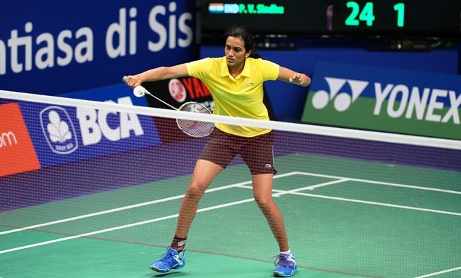 PV Sindhu of India returns a shot 