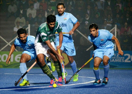 India and Pakistan men's hockey team players in action during 12th South Asian Games in Guwahati 