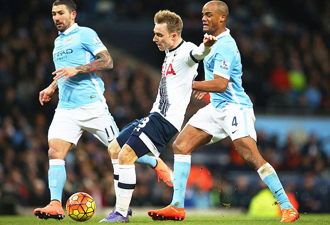 Tottenham Hotspur's Christian Eriksen scores his team's second goal against Manchester City