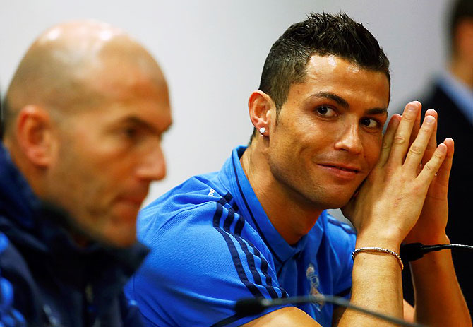 Real Madrid's Cristiano Ronaldo and coach Zinedine Zidane at a news conference