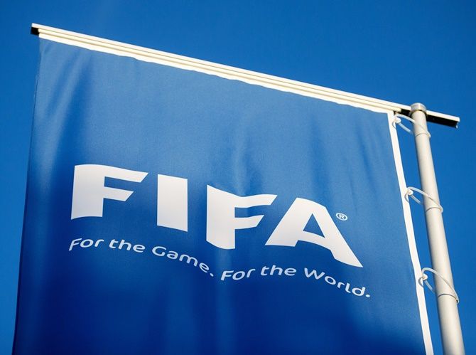 A FIFA logo sits on a flag at the FIFA headquarters