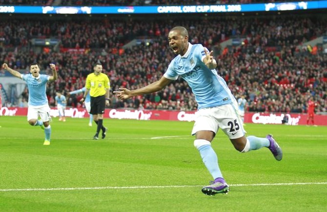 Manchester City's Fernandinho celebrates scoring their first goal