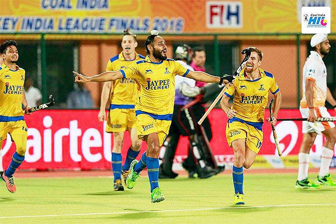 Jaypee Punjab Warriors celebrate their Hockey India League win on Sunday