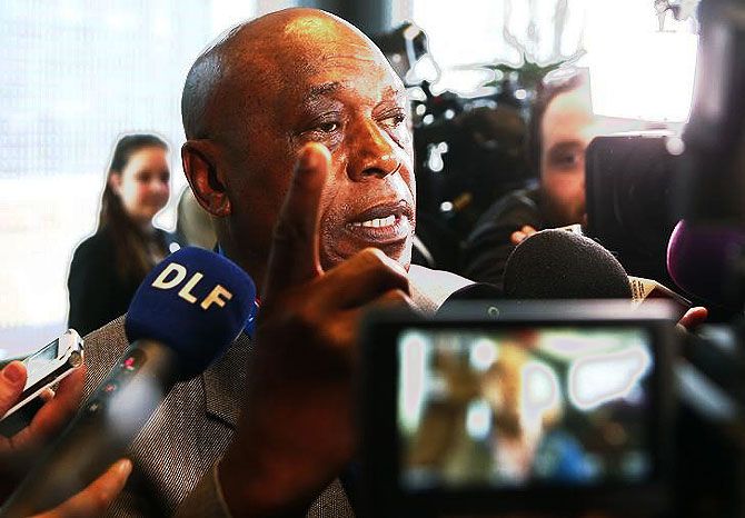 FIFA presidential candidate Tokyo Sexwale talks to journalists before his visit to the CONCACAF meeting in Zurich on Thursday