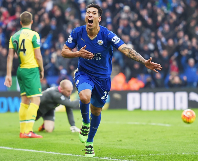 Leicester City’s Leonardo Ulloa celebrates scoring his team's goal against Norwich City at The King Power Stadium
