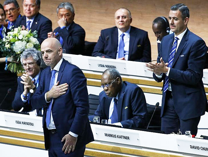 Newly elected FIFA President Gianni Infantino acknowledges applause during the Extraordinary Congress in Zurich, on Friday