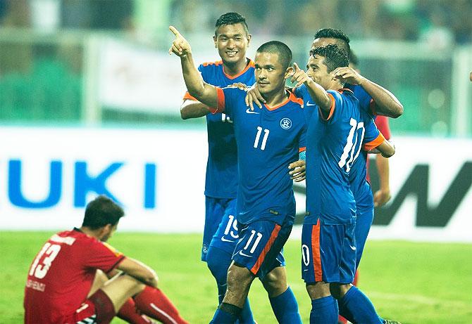 India captain Sunil Chhetri celebrates after netting the winner against Afghanistan to win the SAFF Cup football tournament on Sunday