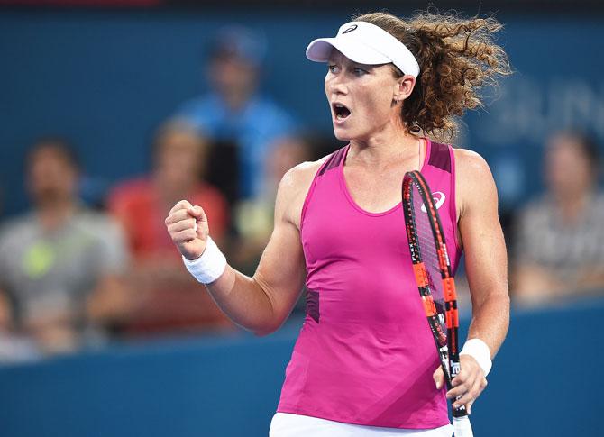 Australia's Sam Stosur celebrates winning her match against Solvakia's Jana Cepelova