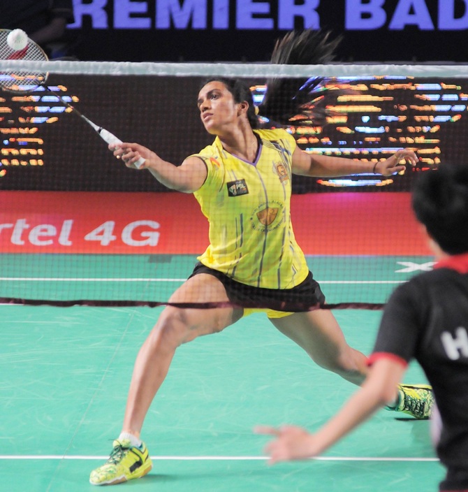 PV Sindhu during a Premier Badminton League match