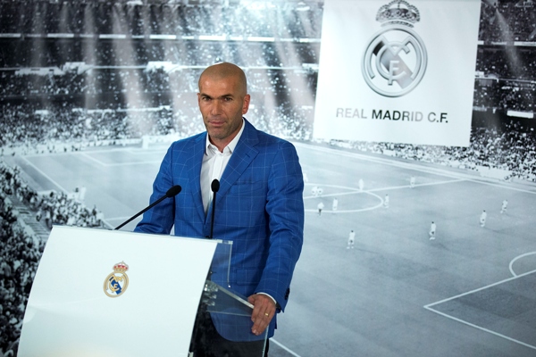 Zinedine Zidane gives a speech to the media after being announced as new Real Madrid head coach 