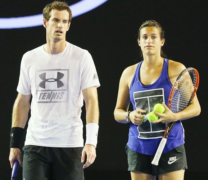 Great Britain's Andy Murray and coach Amelie Mauresmo at training