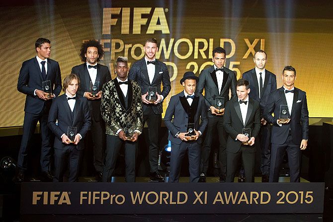 The FIFA/FIFPro World XI for 2015 receive their awards during the FIFA Ballon d'Or Gala
