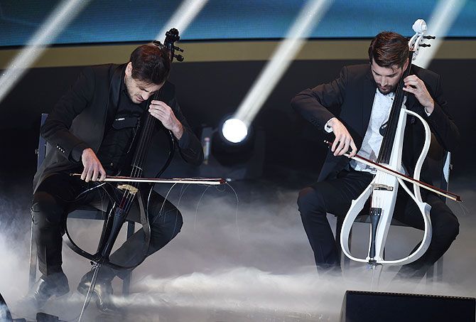 Croatian cello duo '2Cellos' perform during the FIFA Ballon d'Or Gala