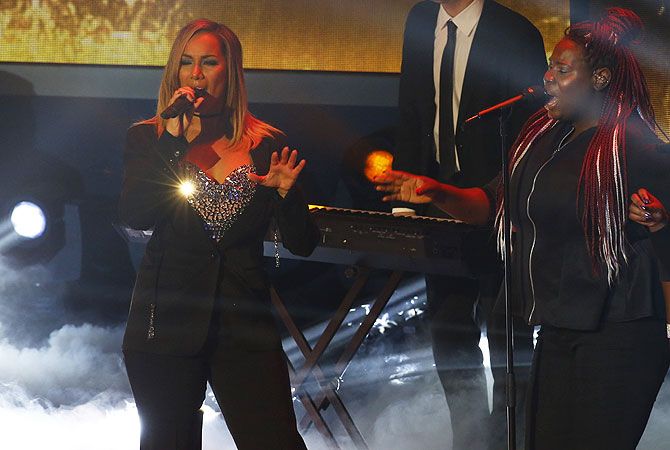 British singer Leona Lewis (left) performs during the Ballon d'Or 2015 soccer awards ceremony in Zurich on Monday