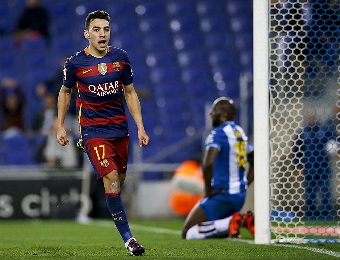 Barcelona's Munir el Haddadi celebrates scoring against Espanyol during their King's Cup match at the RCDE stadium in Barcelona on Wednesday